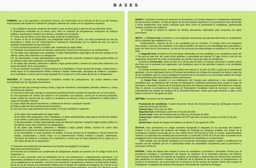 Convocatoria para la designación de Secretario o Secretaria Técnica de la Secretaría Ejecutiva del Sistema Anticorrupción del Estado de Coahuila de Zaragoza